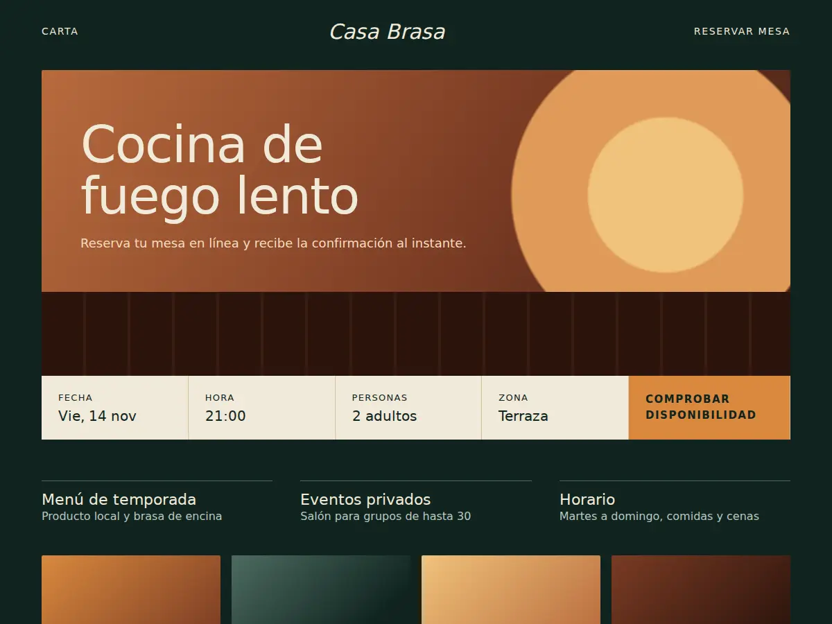Vista conceptual de una web de reservas y servicios