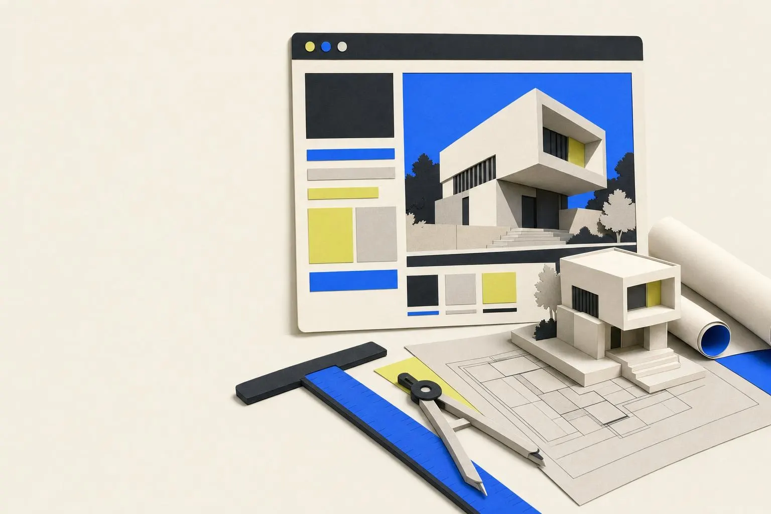 Ilustración de una ventana de navegador con la web de un estudio de arquitectura junto a una maqueta, una escuadra, un compás y planos enrollados
