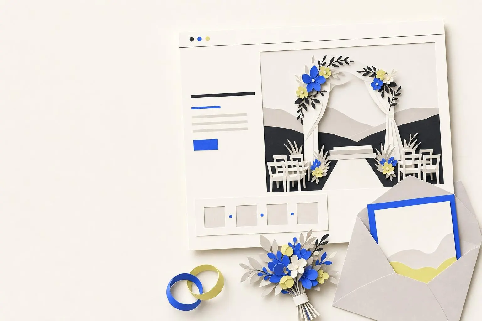 Ilustración de una ventana de navegador con una web de boda junto a dos anillos, un ramo de flores de papel y un sobre