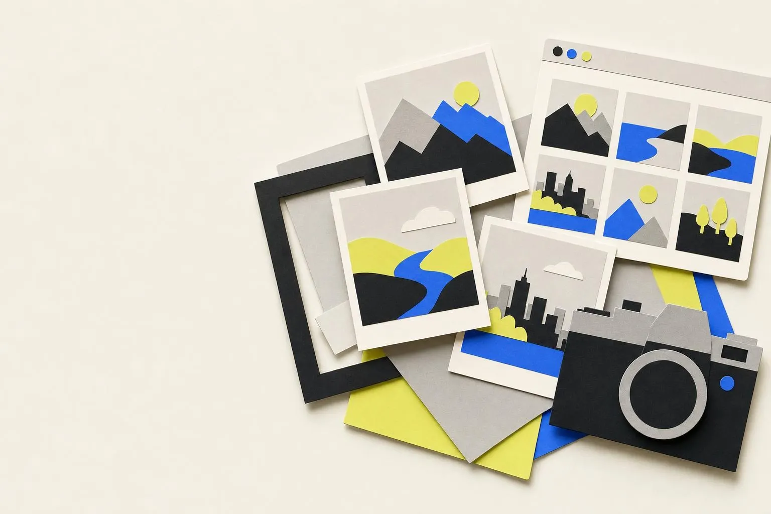 Ilustración de copias de fotos y marcos sobre una mesa, con paisajes de papel, una cámara y una ventana de navegador con una galería