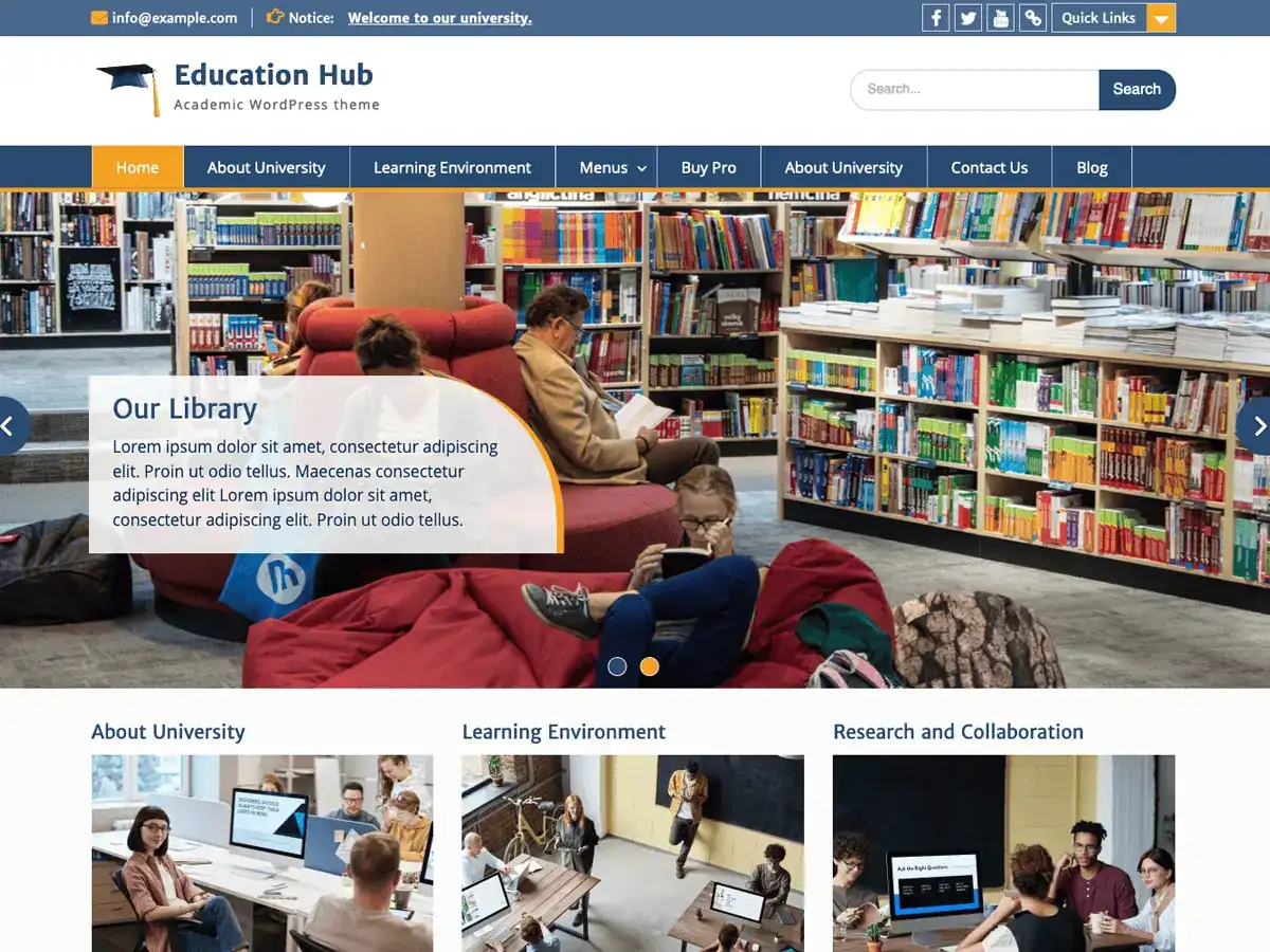 Captura oficial del tema Education Hub